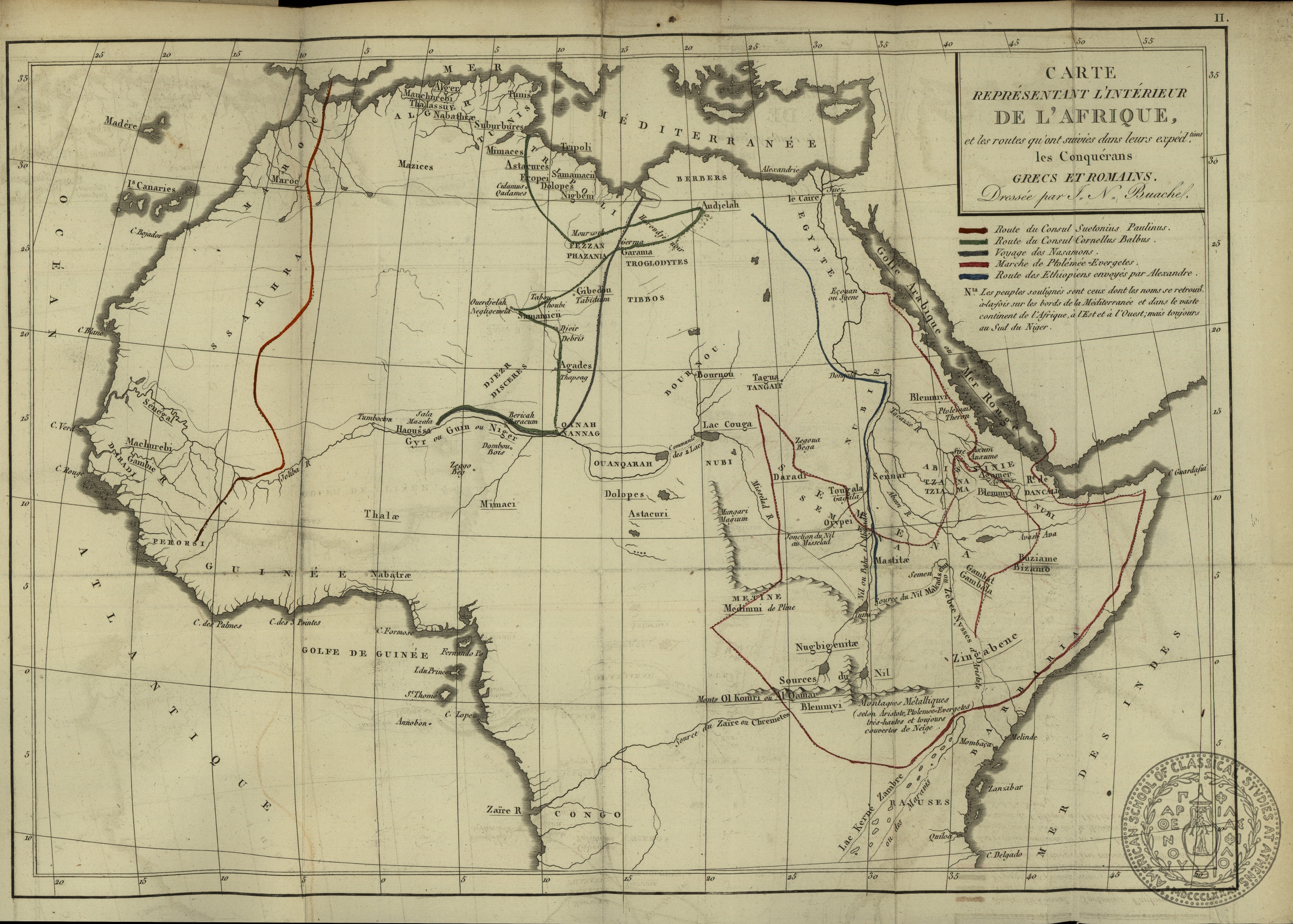Carte representant l'interieur de l'Afrique et lse routes qu'ont suivies dans leurs expeditions les Conquerans Grecs et Romains